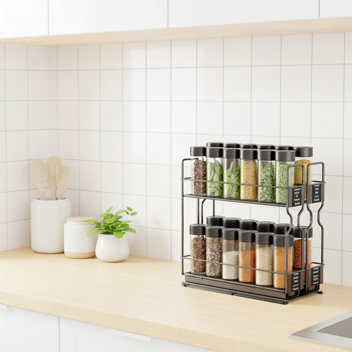 2-Tier Pull Out Spice Rack Organizer for Cabinet, Heavy Duty Slide Out Seasoning Organizer with Labels, 2 Drawers